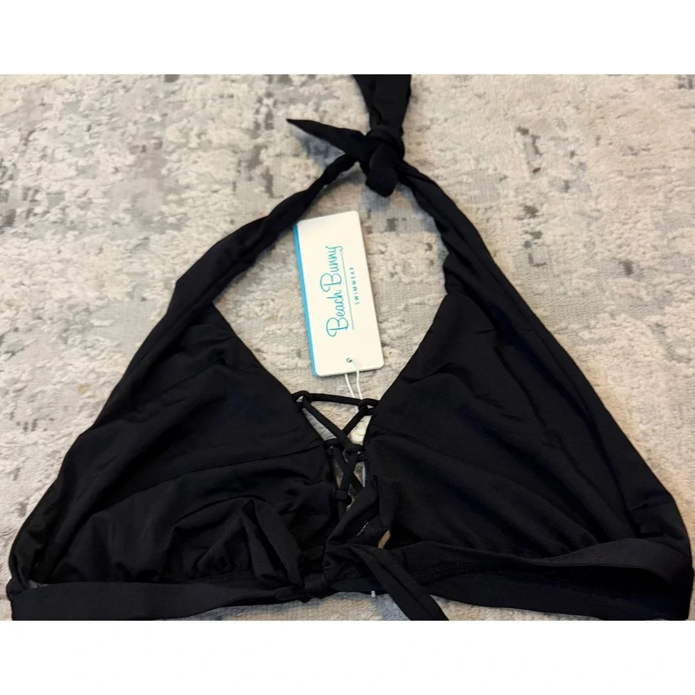 Beach Bunny Cameron Halter Bikini Top Black Lace Up Front XXL B18128T4 New